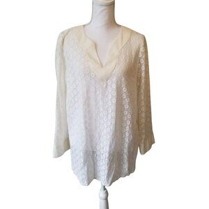 Liz Claiborne Womens White Lace V-Neck Blouse 3/4 Sleeves Size L Cotton/Nylon Bl